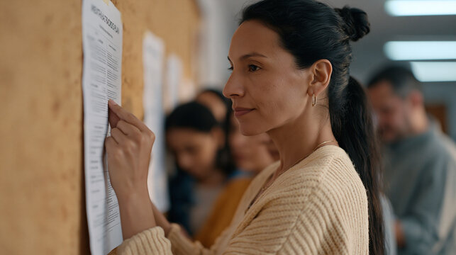 Colombian social worker pinning a laminated mental health crisis plan onto a community center corkboard, coworkers clustered nearby reviewing copies, industrial fluorescent