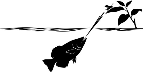 vector can editable Archerfish hunting silhouette shooting water at a cricket on a leaf © Nabil