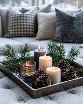 Cozy Winter Decor with Candles, Pine Cones, and Greenery on a Tray