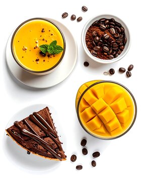 Assorted desserts and tropical fruits on white background.