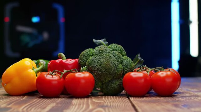 Fresh assorted vegetables including broccoli, tomatoes, and bell peppers arranged on a wooden surface, healthy food composition