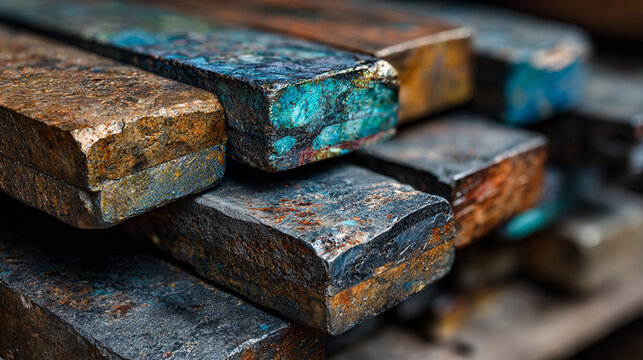 Close-up view of non-ferrous metal blocks stacked in a warehouse during daylight showing different colors and textures