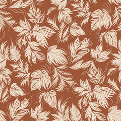 Fototapeta premium Cream Botanical Line Art Foliage Seamless Pattern with Tossed Leaves and Flowers on Terracotta Background
