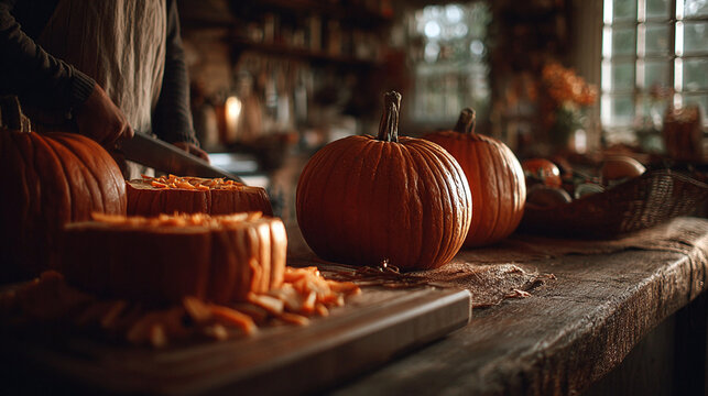 Halloween pumpkins are prepared in a cozy kitchen while decorations fill the space with festive vibes