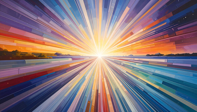 Abstract illustration of a radiant sunburst horizon over land and water, exploding with light