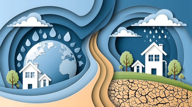 Layered paper cut illustration comparing a rainy green landscape with houses to a cracked drought stricken land under clear sky