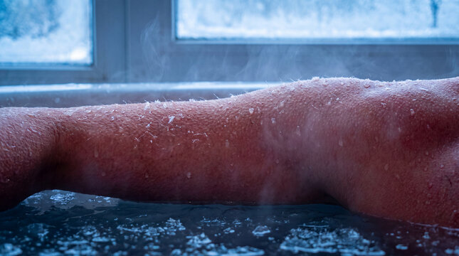 Cold plunge Close-Up of Wet Skin Above Ice Cold Water