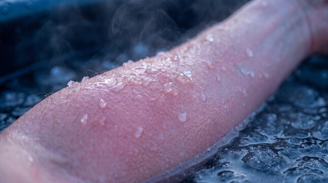Close-Up of red white Skin with Ice Droplets Above Cold Water