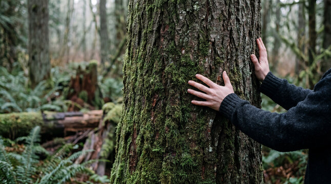 Hands Pressed Against Rough Bark of Old Spruce Tree