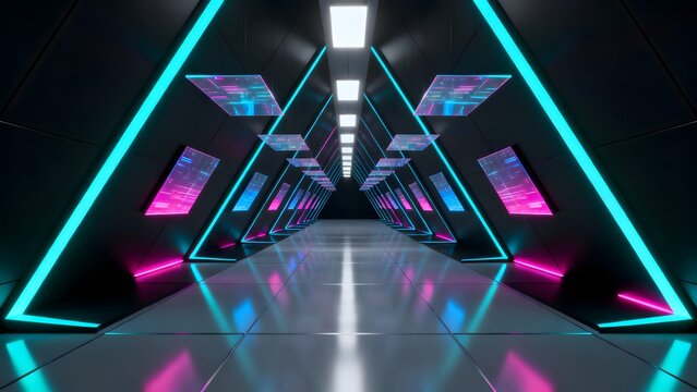 Futuristic corridor with neon lights