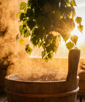 Birch Sauna (vihta or vasta in Finnish) Whisk Steaming Over Wooden Bucket in Sunlight