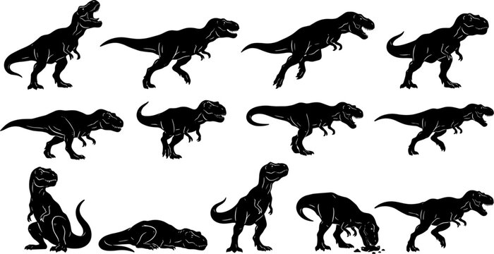 vector can editable Powerful silhouette collection of tyrannosaurus rex dinosaurs in aggressive and roaring poses