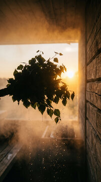 Birch Whisk Backlit by Sun with Steam Rising in Sauna
