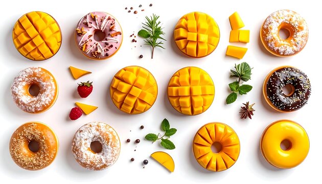Assorted Donuts and Fresh Mango Slices Flat Lay.