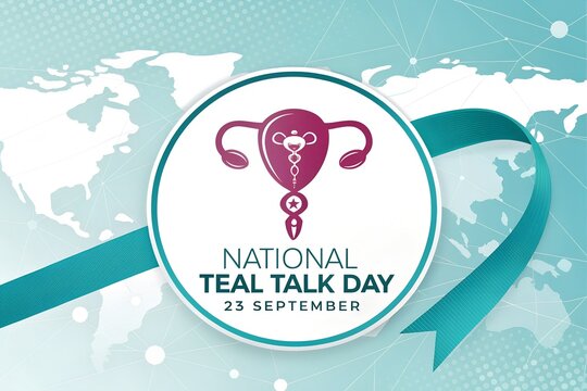 National teal talk day graphic featuring a stylized female reproductive organ icon set against a global map background with a flowing teal awareness ribbon to commemorate this important health observa