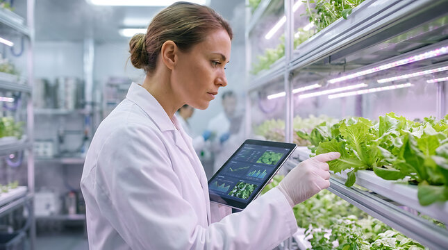 Female scientist in white coat, latex gloves, examining lettuce in a vertical farm, digital tablet shows real-time plant data and environmental metrics.