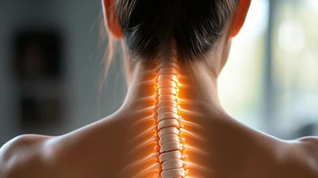 Medical showing a detailed view of the spinal cord and vertebrae in a human being.