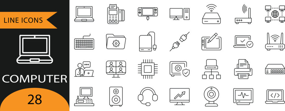 Computer Hardware, Peripherals, and Technology Line Icons.
