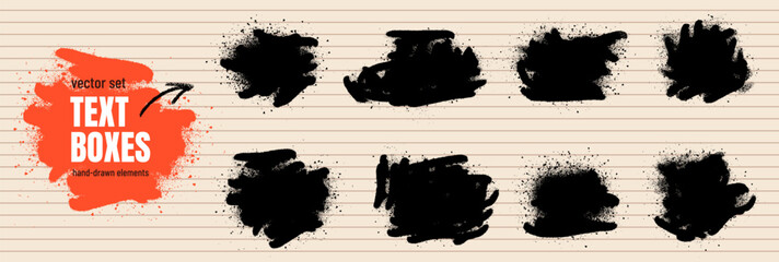 Text box spray paint spots on ruled notebook pad with ink splatter and noise. Messy graffiti text frames with grainy blob for school note. Urban vector callout box elements with gritty stencil drip © Syuzann q