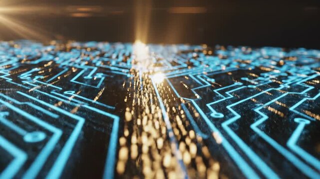 Abstract digital circuit board with glowing blue lines and golden lights, representing data flow and technology