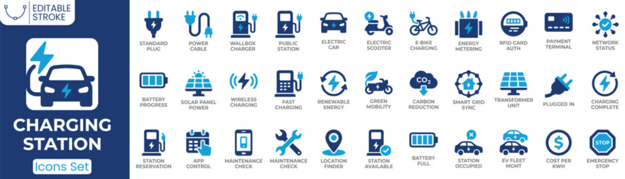 Charging station icon set. Containing EV charger, electric car, charging cable, wireless charging, battery, RFID payment, fast charging and more. Solid vector icons collection