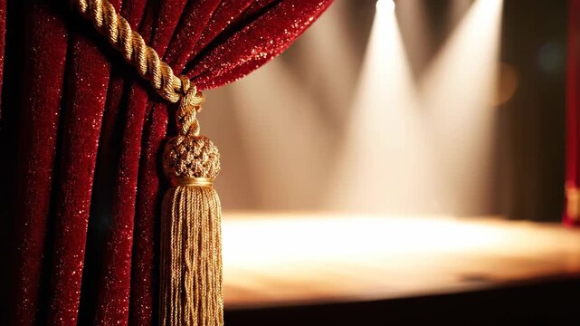 Close-up of a red velvet theater curtain with gold tassel. Shimmering fabric revealing a stage with bright spotlights. Performance and opening night concept
