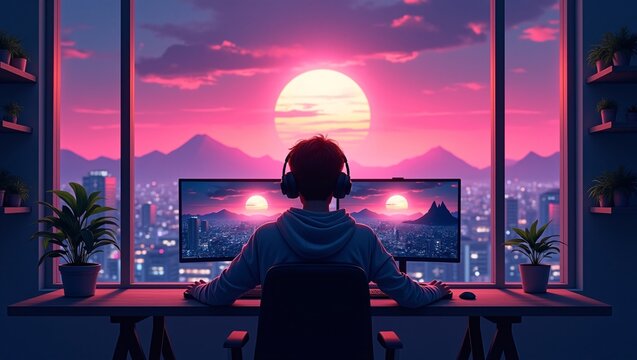 Back-view person with headphones at dual monitors, pink sunset city mountain view outside window