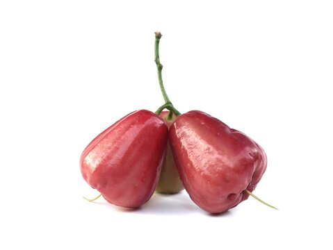 A cluster of fresh red water apples (also known as wax apples or rose apples) attached to a green stem, isolated on a clean, solid white background