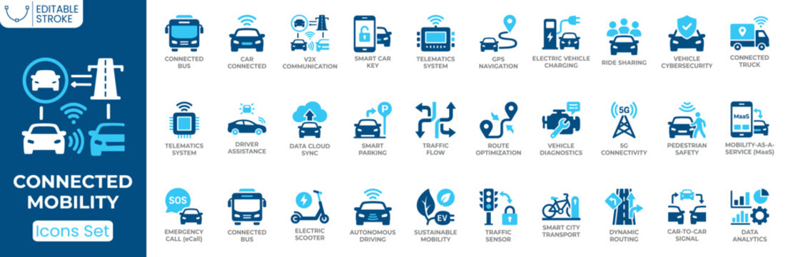 Connected mobility icon set. Containing smart car, V2X communication, GPS navigation, autonomous driving, electric vehicle charging, telematics, route optimization, traffic management and more. Solid 