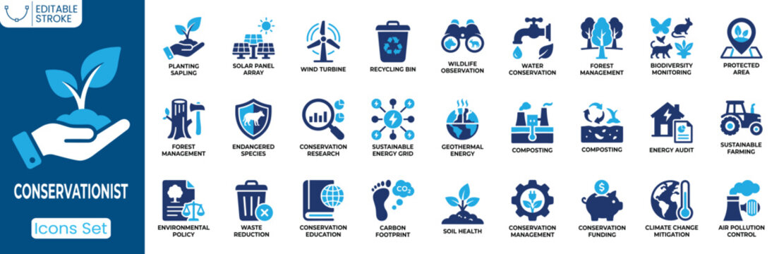 Conservation icon set. Containing solar panel, wind turbine, recycling bin, wildlife observation, water conservation, forest management, climate change mitigation, environmental policy and more. Solid