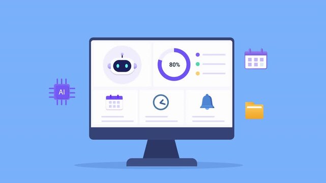 Modern flat vector animation of an AI productivity dashboard on a desktop monitor with calendar, notification, activity widgets, progress indicator, and floating technology icons. Ideal for artificial