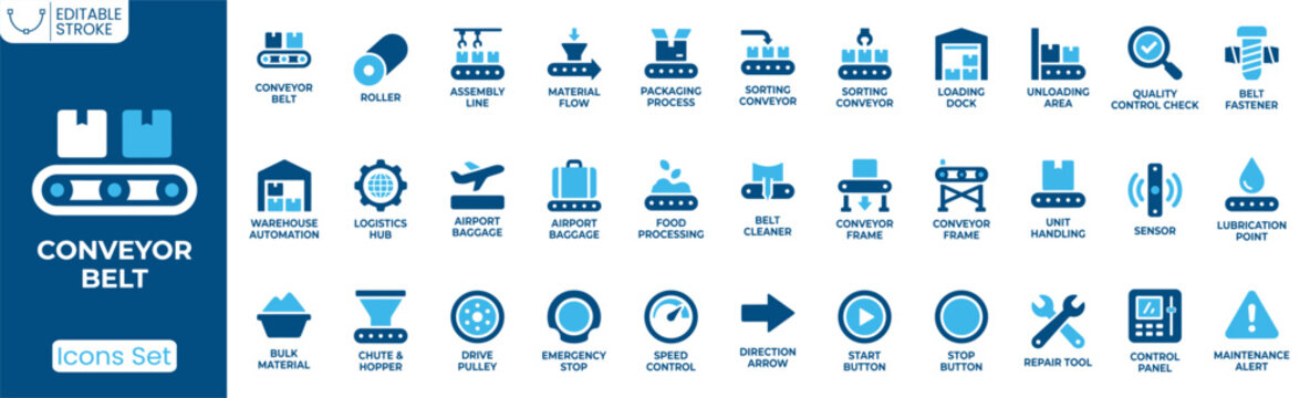 Conveyor belt icon set. Containing assembly line, material flow, sorting conveyor, warehouse automation, quality control, packaging process, speed control, maintenance tools and more. Solid vector ico