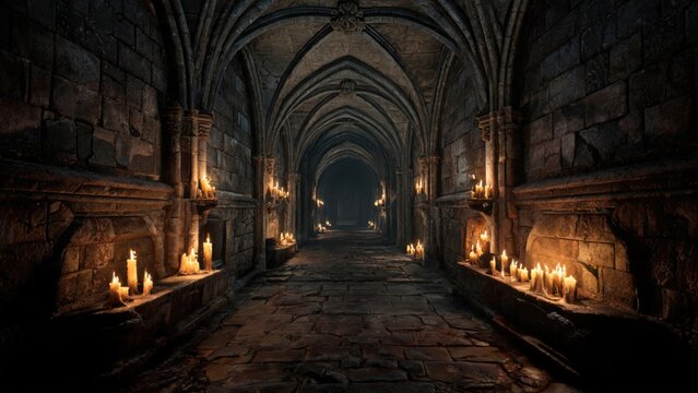 Candlelit stone corridor with arches