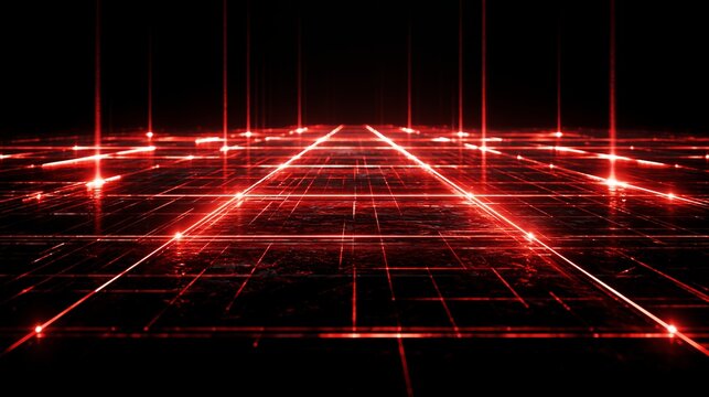 Abstract digital background featuring glowing red laser grid lines on a dark reflective surface creating a futuristic high tech environment