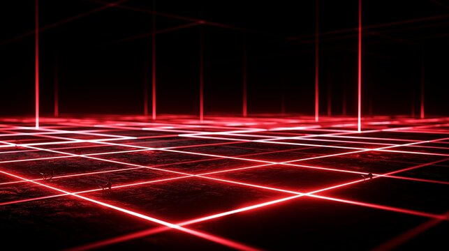 Glowing red neon laser grid lines intersecting on a dark textured surface creating a futuristic digital space for modern backgrounds