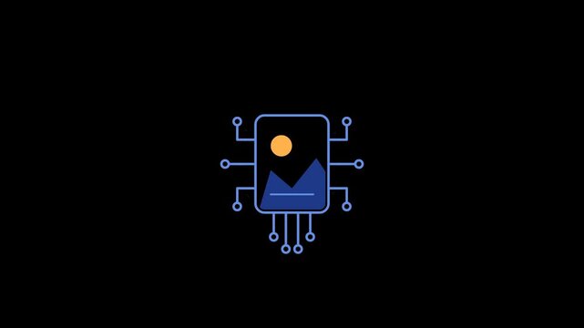 Digital Image Processing Microchip Animation with Glowing Circuitry on Black Background.
