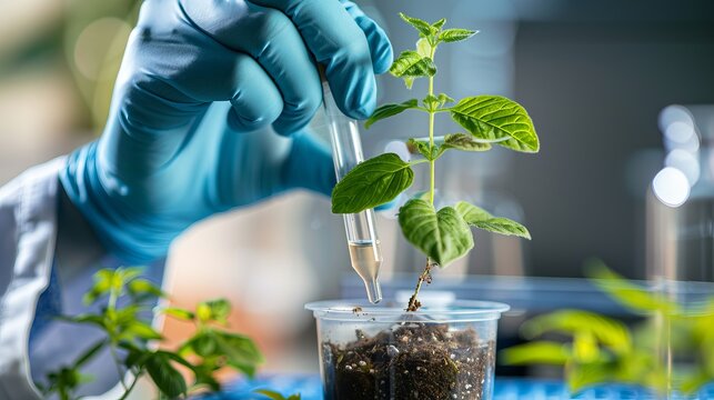 Scientist in gloves holding a test tube with genetically modified plant seedlings for experiments