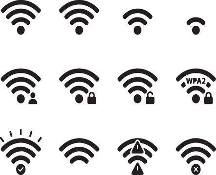 Collection of black wireless wifi signal strength and connectivity status icons for network interface design