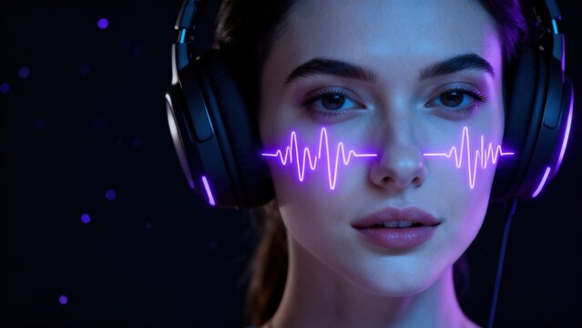 Woman wearing headphones with neon sound waves
