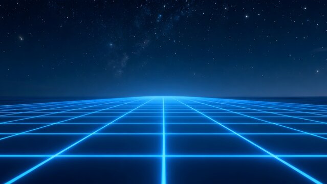 Blue neon grid under starry sky