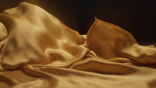 Gentle golden fabric flowing in soft light, abstract background, elegant smooth material, slow motion movement, luxurious drape