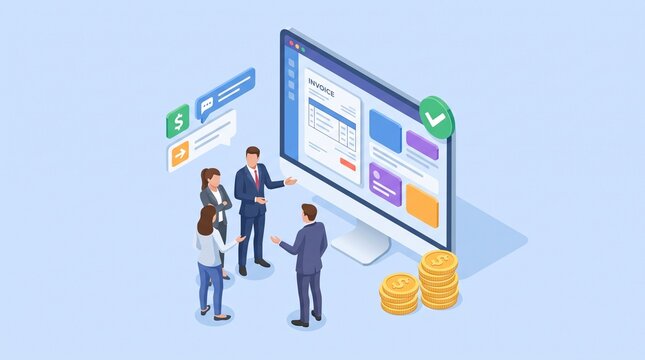 vector illustration on a light blue background. A large computer/business payment dashboard screen angled in perspective showing an &ldquo;invoice&rdquo; and UI panels (no readable text&mdash;use simple generic shapes 