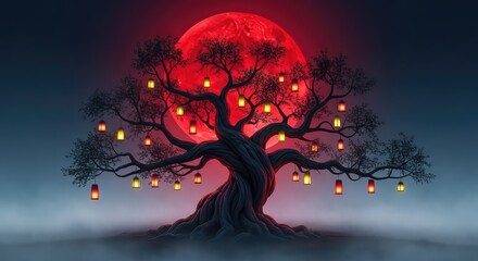 Fototapeta premium A gnarled ancient tree stands in thick eerie mist under a blood red moon with glowing lanterns hanging from its many twisted dark branches, landscape, surreal, woods