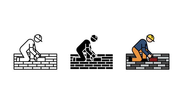 Professional bricklayer building brick wall on construction site vector illustration.