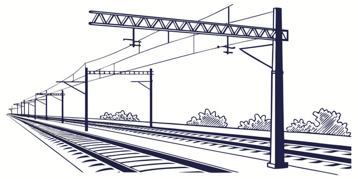 Railway tracks with overhead electrical wires perspective drawing railroad catenary electricity infrastructure transportation perspective
