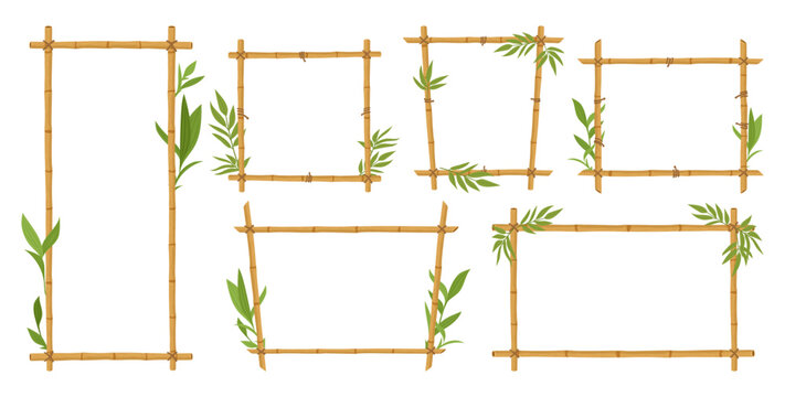 Bamboo frame collection. Decorative bamboo borders and rectangular frames with green leaves flat vector illustration set. Natural border design elements isolated on white background
