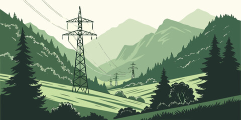 Scenic illustration of a high voltage power transmission line running through a mountain valley with pine forests landscape mountain transmission © Bf