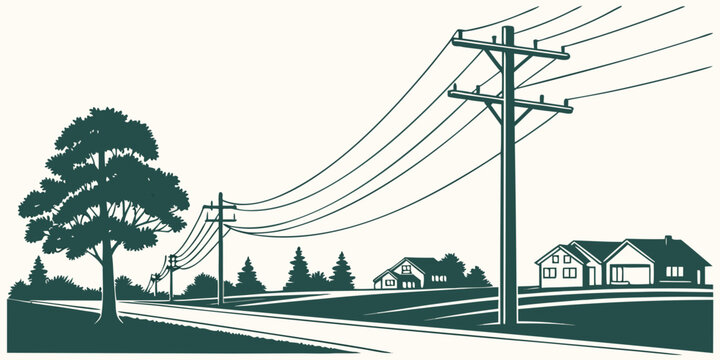 Rural landscape illustration with electrical transmission lines road and countryside houses landscape electricity countryside transmission