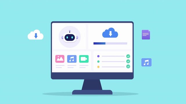 Modern flat vector animation of an AI cloud storage dashboard on a desktop monitor with media management, upload status, and floating technology icons. Ideal for artificial intelligence, cloud service