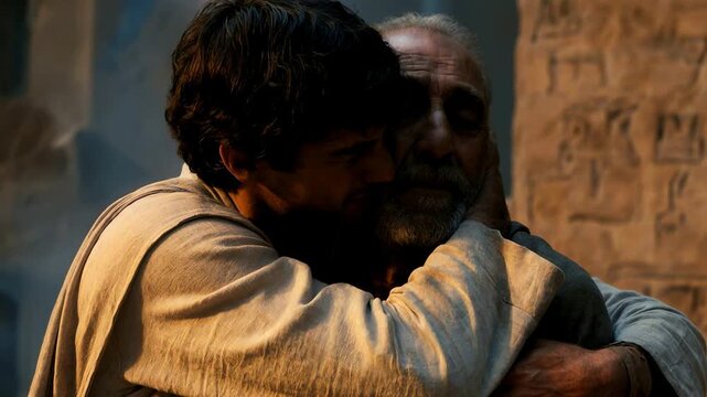 Joseph reuniting with his father Jacob in Egypt. Emotional embrace between biblical father and son. Genesis narrative scene